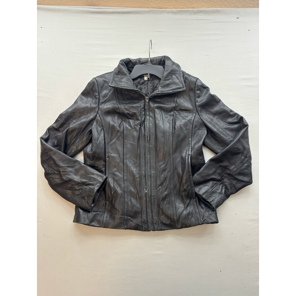 Preston & York Black Leather Full Zip Jacket Womens Small Tailored Seam Detail